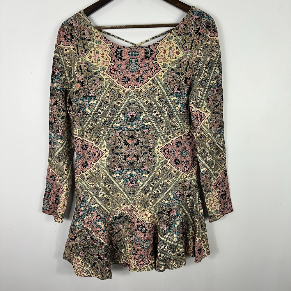 O'Neill Mini Dress Women Small Long Sleeve Boho Patchwork Peplum Cottage Hippie